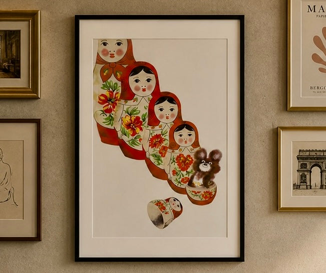 Rare 1980 Moscow Olympics Vintage Poster – Misha & Matryoshka Dolls by artist Garegin Bucrnuchyan