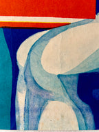 Abstract art with geometric shapes in blue, white, and red on a textured background