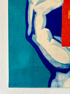 Abstract artwork with a nude figure on a blue background