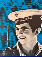 Navy officer with a rifle against a blue background with wavy patterns