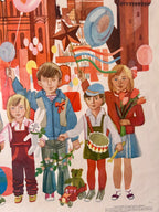 Illustration of children with toys and props against a colorful background