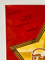 Vintage-style poster with red background, black airplanes, and a gold emblem featuring a face.