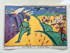 Colorful illustration by K.S. Malevich's artwork 'Wilhelm Carousel' of a man running with a sword, surrounded by animals and landscapes on a white background.