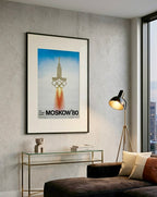 Framed poster of the 1980 Moscow Olympics with a rocket and Olympic rings design.