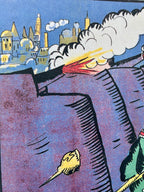 Cartoon-style illustration of a character with a large mustache and a cityscape in the background.