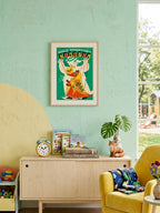 Children's room with a colorful poster on the wall, books on a shelf, and a yellow chair.