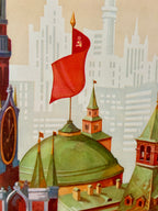 Illustration of a cityscape (Moscow) with a Soviet red flag and architectural details.
