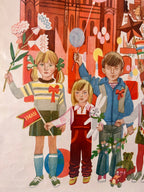 Illustration of children with toys and a building in the background
