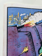 Illustration by K.S. Malevich's 'Wilhelm Carousel' of a cityscape with a rocket launching towards it, on a white background.