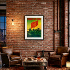 Two leather chairs in a room with a brick wall, framed poster, and wooden table.
