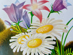 Illustration of flowers including daisies and bellflowers on a white background