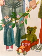 Illustration of a teddy bear in a red truck being pulled by a child with a flowered ribbon.