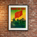 Framed vintage-style poster with tanks and a red flag on a brick wall.