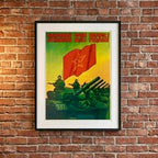 Framed vintage-style poster with tanks and a red flag on a brick wall.