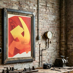 Framed poster with a red and yellow design on a brick wall with tools below.