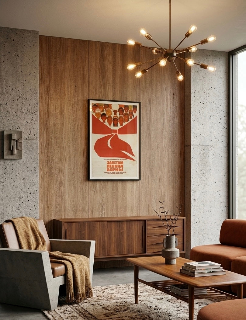 A framed mid-century modern art poster with red and orange abstract shapes hangs on a wood-paneled wall in a contemporary living room with concrete walls, a wooden sideboard, and a chandelier.