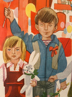 Illustration of two children with a rabbit toy against a colorful abstract background
