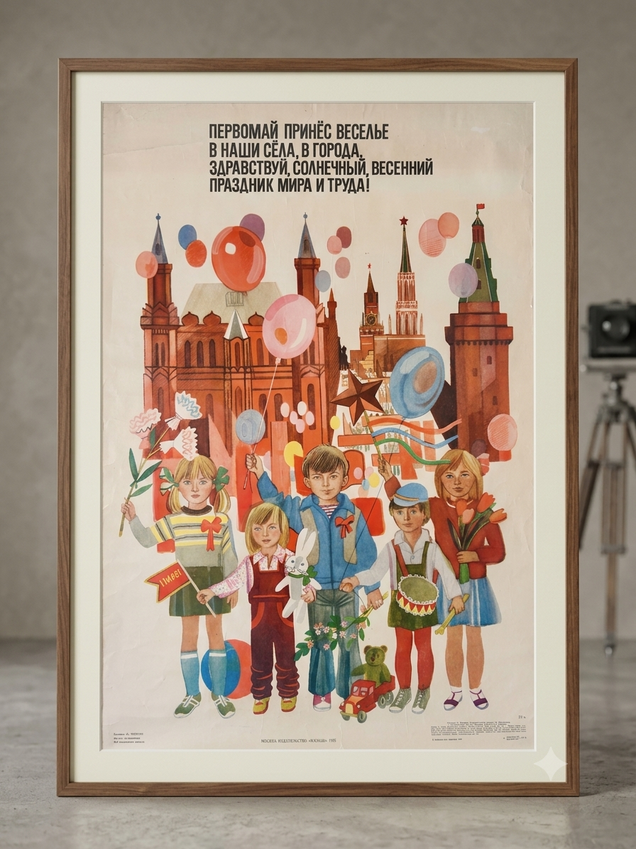 Original 1985 Soviet May Day Poster – "Welcome, Sunny Spring Holiday!" – Artist Yuriy Kopeiko