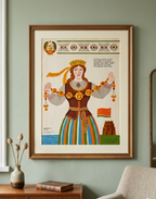 Framed artwork of a woman in traditional Lithuanian attire on a wall with a vase and books on a table.