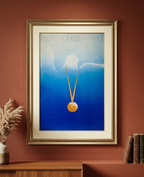 Framed artwork of a necklace against a blue background on a red wall.