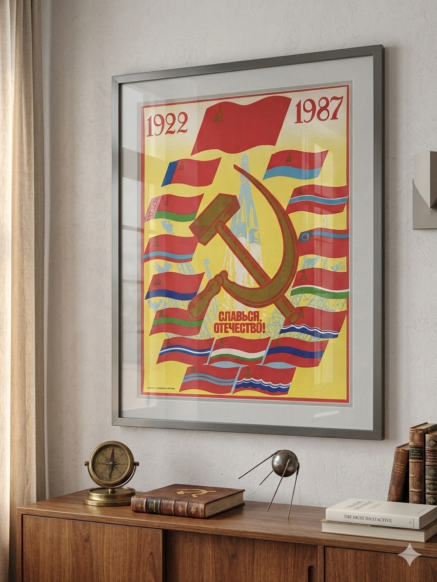 Framed poster with a  rocket, hammer and sickle symbol on a wooden sideboard.