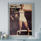 Futuristic interior design with a poster of a woman in a white outfit on a gray wall.