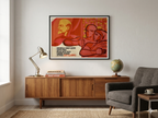 Living room with wooden sideboard, gray armchair, and framed poster on wall