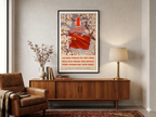 Framed Soviet-style poster on a wall above a wooden sideboard in a living room.