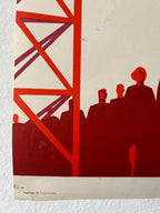 Surrealistic illustration of a red structure with silhouettes against a beige background
