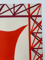 Abstract design with red and maroon lines on a beige background