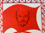 Stylized portrait of Vladimir Lenin with a red background and geometric patterns.