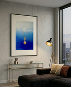 Modern living room with a framed artwork on the wall, a sofa, and a floor lamp.