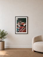 Framed artwork on a wall above a sofa in a living room