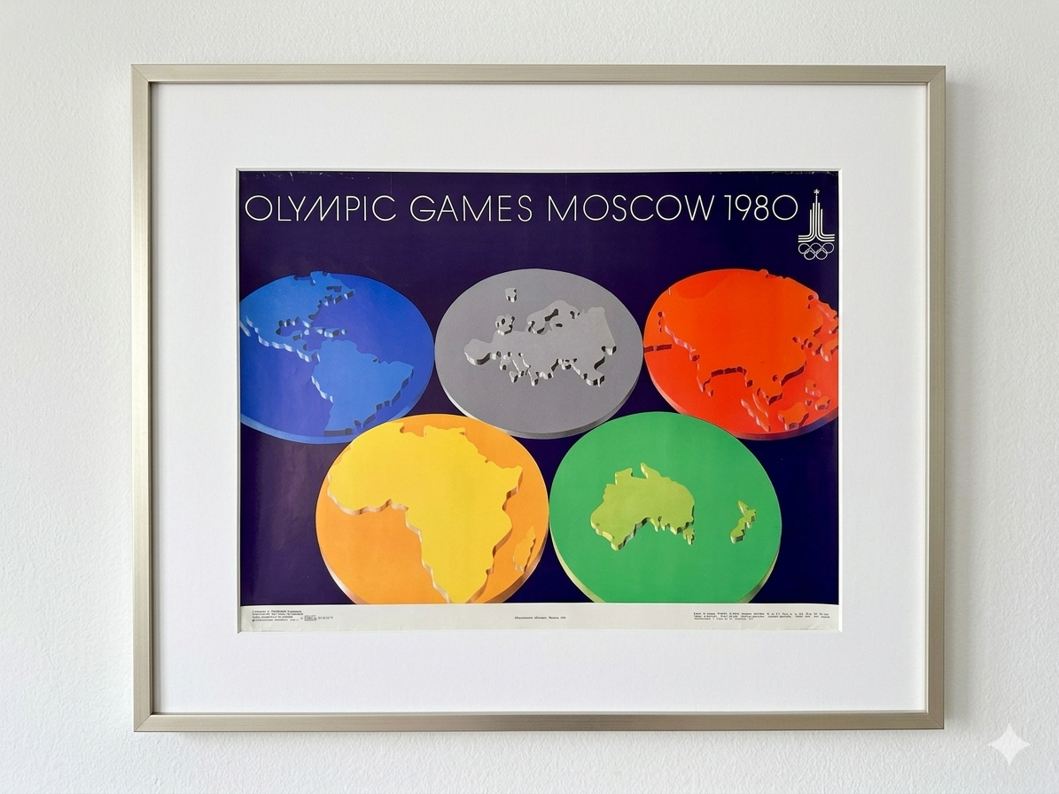 Original 1980 Moscow Olympics Poster – B. Gyurkovich (Hungary) – Olympic Rings World Map Design