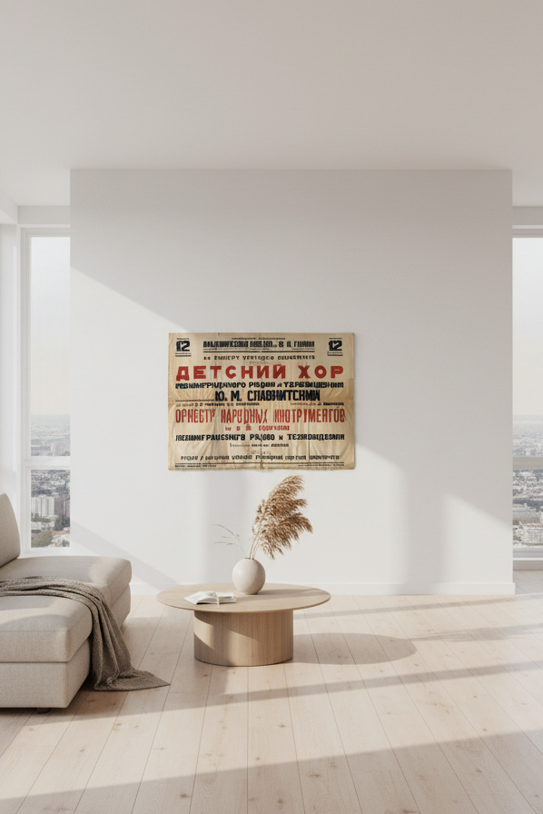 A modern living room with a light beige sofa, a round wooden coffee table, and a vintage-style Russian poster hanging on a white wall. The room features large floor-to-ceiling windows with a view of a city skyline, bright natural light, and light wood flooring.