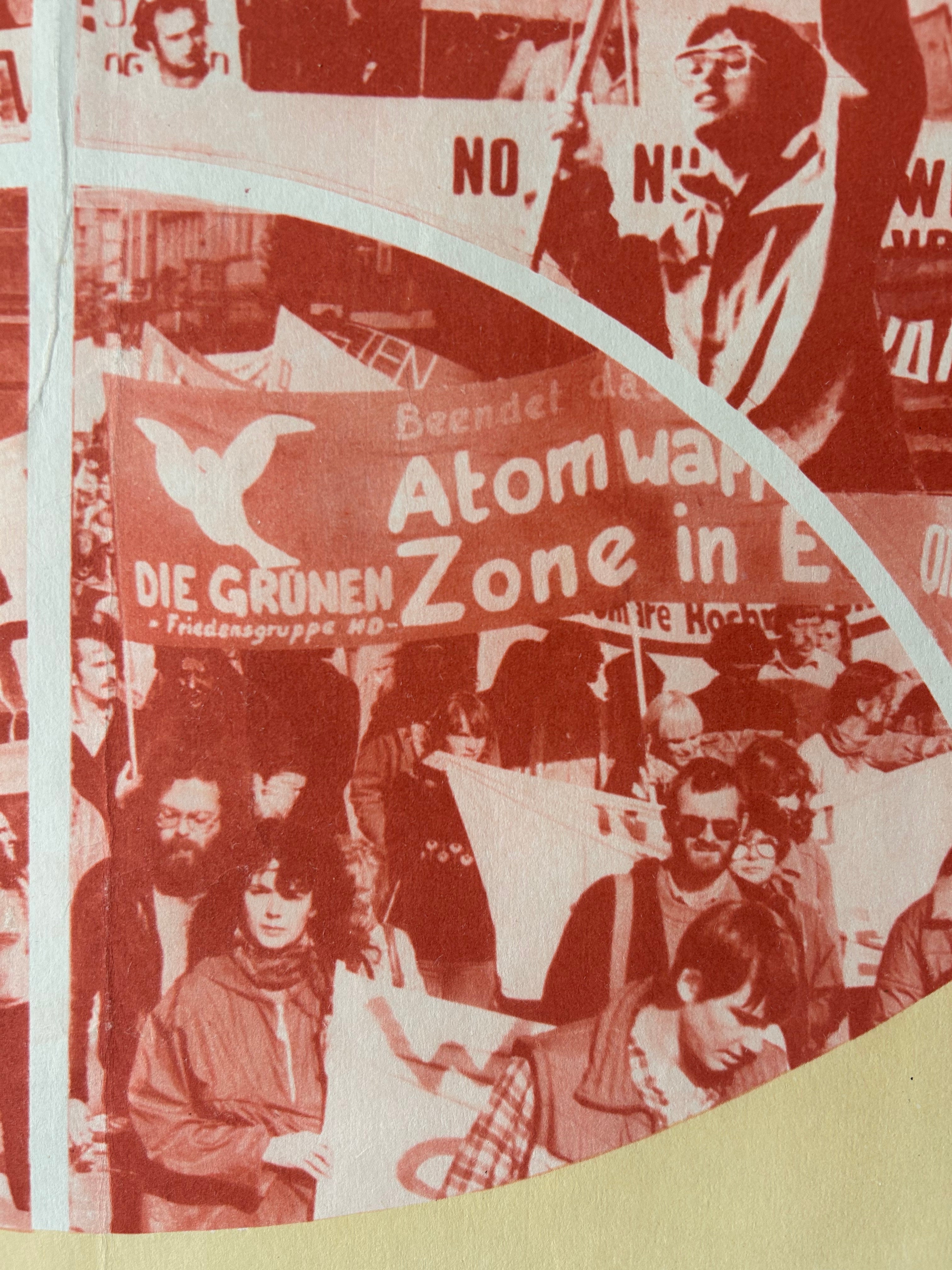 A close-up of a printed collage or poster featuring multiple historical protest scenes in a monochrome red and cream color scheme, with visible banners and faces.