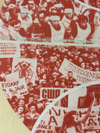 A close-up of a collage-style print or poster featuring multiple overlapping historical protest scenes in muted red and beige tones, with visible text and figures rather than a single isolated product.