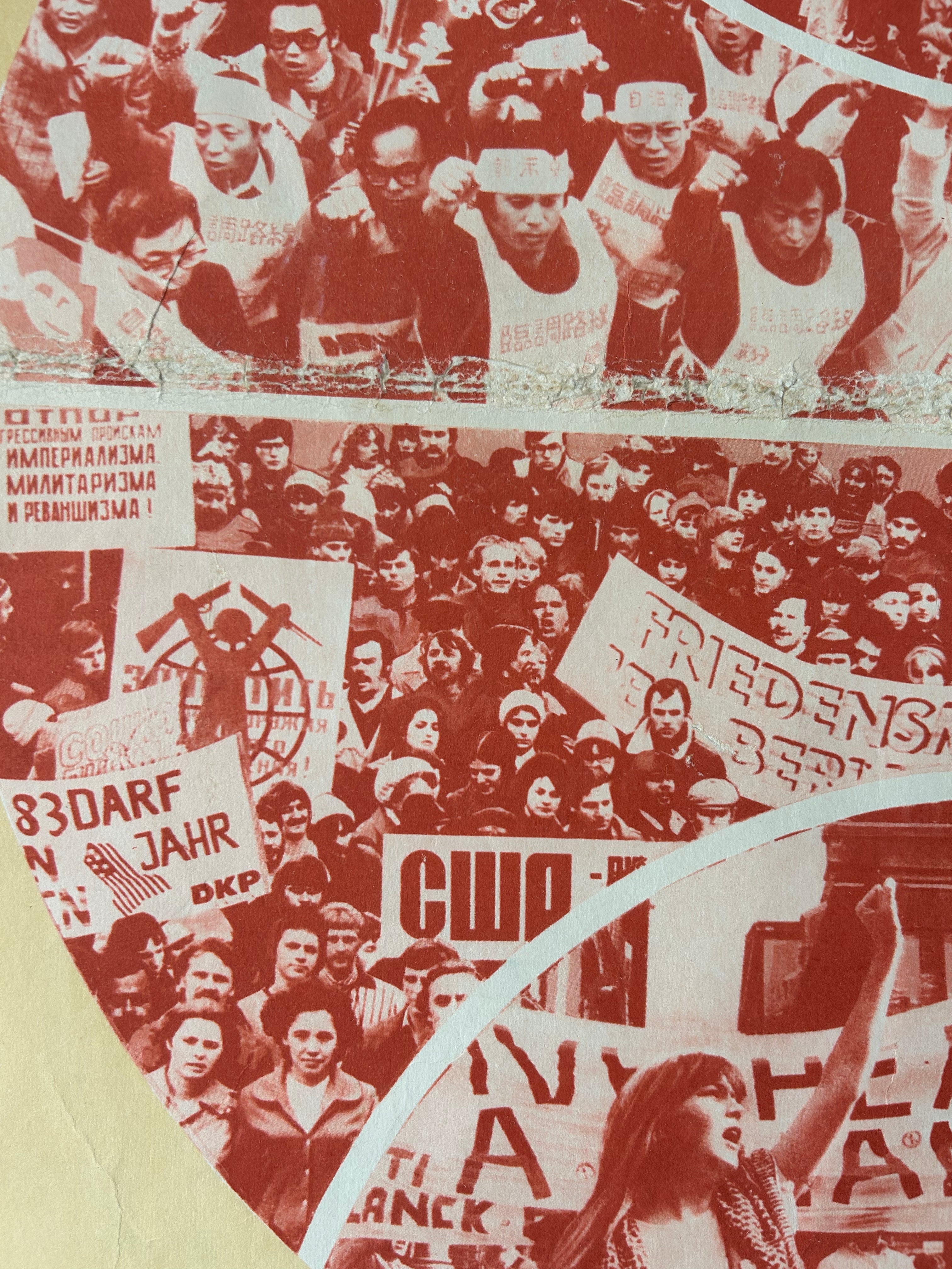 A close-up of a collage-style print or poster featuring multiple overlapping historical protest scenes in muted red and beige tones, with visible text and figures rather than a single isolated product.