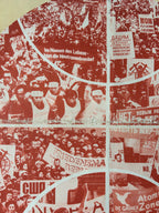 A close-up of a printed textile or wallpaper pattern featuring a collage of protest scenes in red and black-and-white tones, with curved white dividing lines and repeated banners and faces.