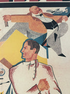 An abstract art print featuring two stylized figures in a geometric, cubist-inspired composition. The upper figure is seated and wears a tan suit with black and white details, while the lower figure is shown in profile in a white shirt with red and blue accents.