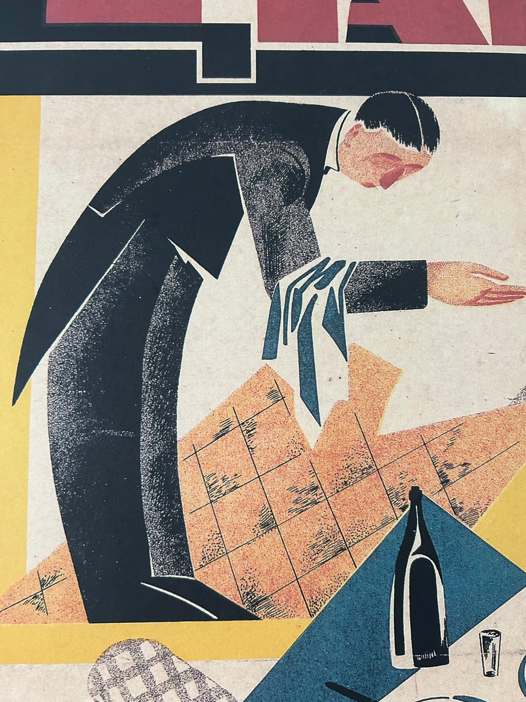 A stylized abstract artwork showing a seated figure in a dark suit with one arm raised, alongside geometric shapes and a grid pattern in cream, navy, mustard yellow, and muted red.