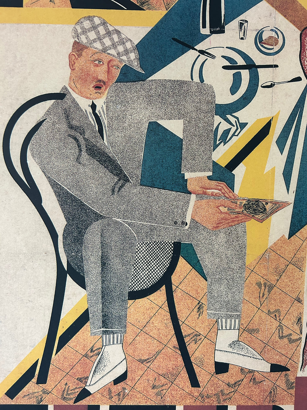A stylized art print depicting a man in a gray suit and checkered flat cap sitting on a chair, holding a newspaper, with bold geometric shapes in blue, yellow, and beige in the background.