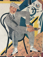 A stylized art print depicting a man in a gray suit and checkered flat cap sitting on a chair, holding a newspaper, with bold geometric shapes in blue, yellow, and beige in the background.