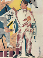 A cubist-style artwork showing a reclining man in a suit, rendered with geometric shapes and blocks of cream, blue, yellow, red, gray, and black. The composition fills the frame, with no separate studio background visible.