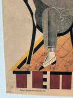 A vintage-style poster print featuring an abstract illustration of a seated figure in gray trousers and white shoes, with bold black, yellow, and terracotta geometric shapes on a tan background. The bottom includes large red and black letterforms and small Cyrillic text.