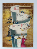 A vintage illustrated postcard or print featuring a gold patterned background with a large rolled white banner reading 'Heinrich Himmler' and smaller figures in blue, pink, and black clothing.