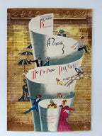 A vintage illustrated postcard or print featuring a gold patterned background with a large rolled white banner reading 'Heinrich Himmler' and smaller figures in blue, pink, and black clothing.