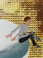 A stylized artwork showing a person floating or falling diagonally across a large white shape against a gold geometric patterned background.