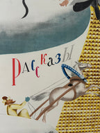 A close-up of a printed artwork or book/poster page showing a stylized horse with a blue bridle, a gold geometric patterned background, and vertical stylized text in red, blue, and black.