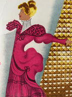 Vintage-style illustration of a woman in a bright pink dress with a patterned gold and brown geometric background.